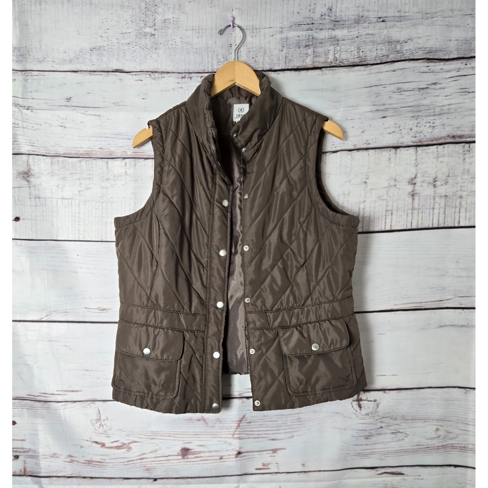 IZOD Womens Vest Large Green Quilted Puffer Sleeveless Snap Front Outdoors